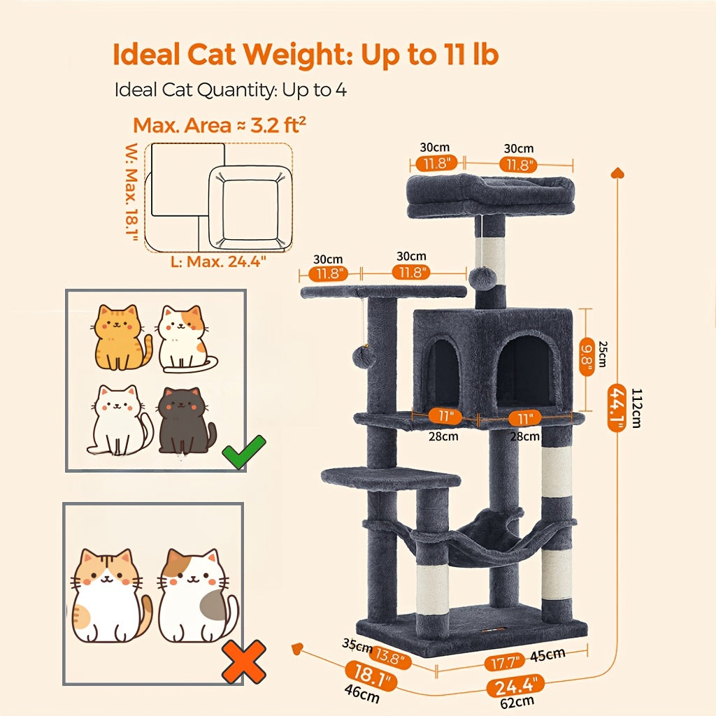 66in\u002F44in Multi-Level Cat Condo Tower with Cozy Cave & Plush Hammock, Featuring 4 Sisal Scratching Posts, 2 Perches, Anti-Tilt Stable House Apartment, Ultimate Pet Playhouse for Multi-Cat Families, Easy 10-Min Assembly, Gift for Kittens & Cats