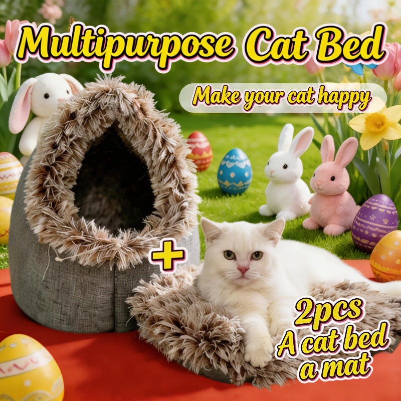 1Set\u002F2pcs-A Cat Bed And A Cat Mat, Easter & Mother'S Day 2026 Gift - Warm Enclosed Portable Pet Bed with Sleeping Mat | Cozy Enclosed Cat House for Deep Sleep | Perfect Easter & Mother'S Day Present for Your Furry Friend