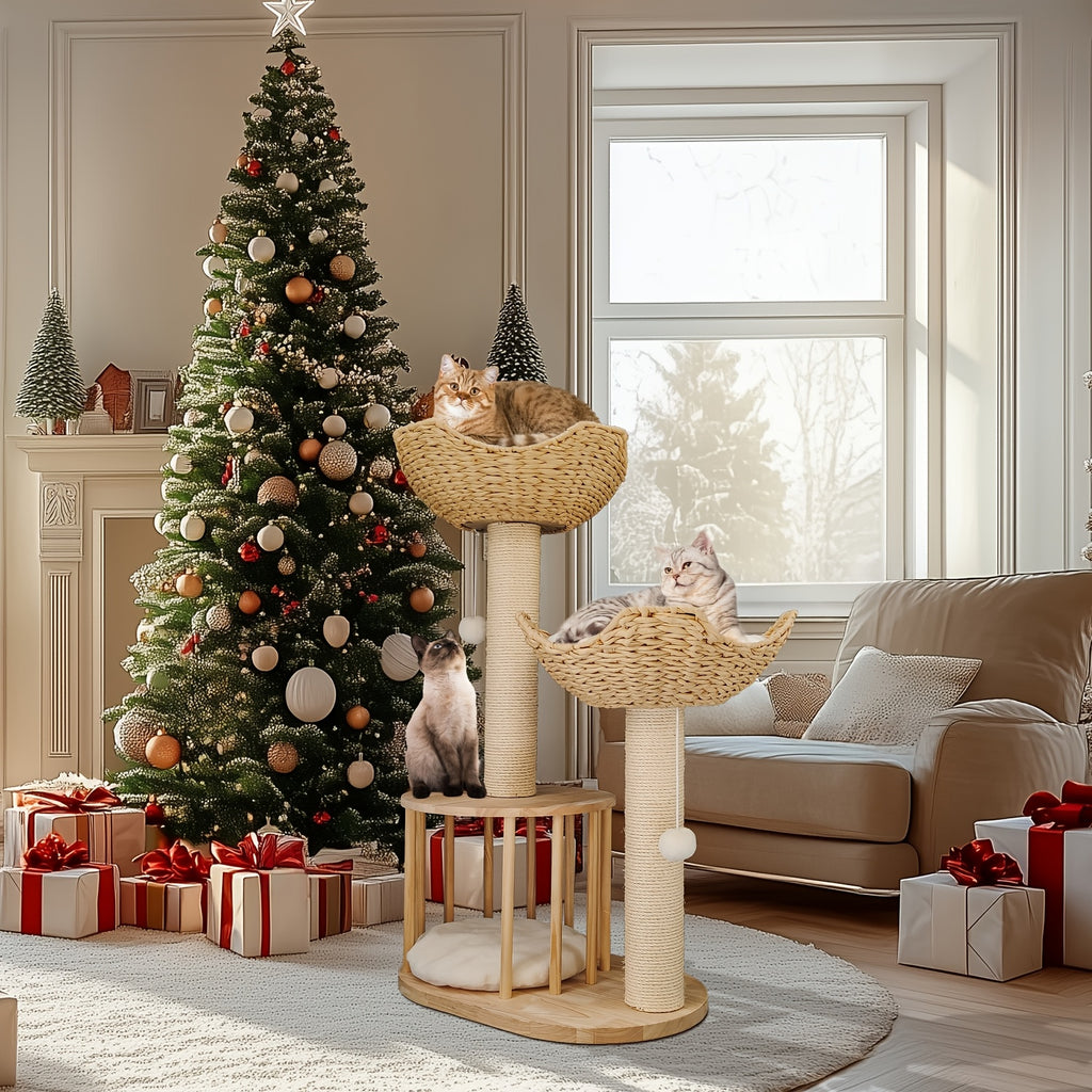 3-tier Cat Tree Activity Tower Condo Furniture with Plush Cushion Cozy Rest Dangling Ball Sisal Scratching Post for Indoor Cats