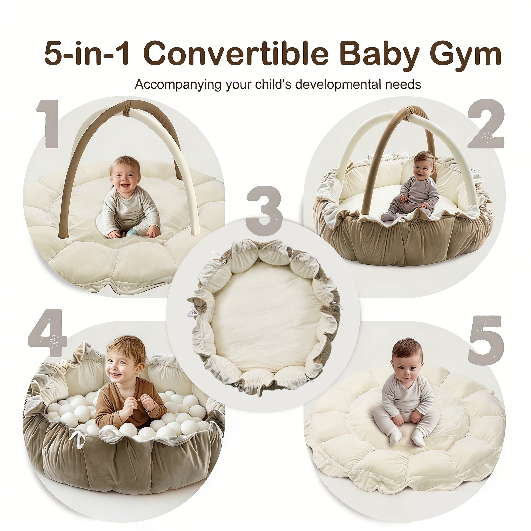 5-in-1 Thick & Plush Baby Gym, Baby Mats for Floor, Tummy Time Mat, Cat Bed, Dog Bed, Convertible Stage-Based Developmental From Baby to Toddler, Ball Pit, Pet Cushion Cloudico