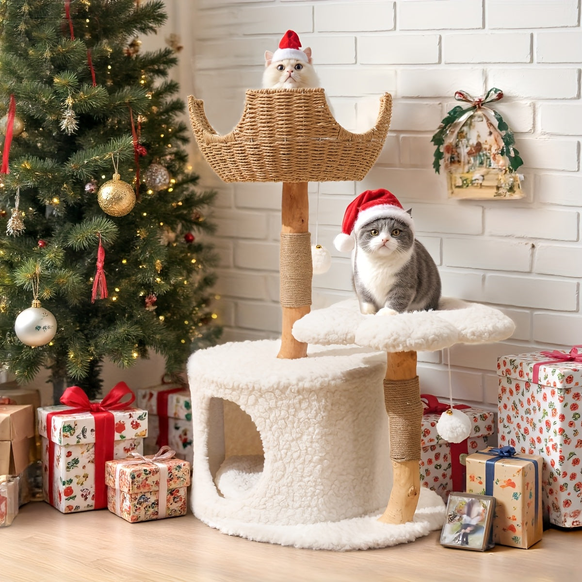 Multi-Level Cat Tree Tower for Kittens Modern Space-Saving Design with Scratching Posts, Caves, 2 Pompoms 2 Cushions, Handwoven, Sturdy Construction for Climbing, Scratching, Resting, Stylish Feline Playhouse, Small Space Solutions, Only for Kitten!!